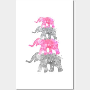 Pink and Grey Elephant Family Watercolor Painting Posters and Art